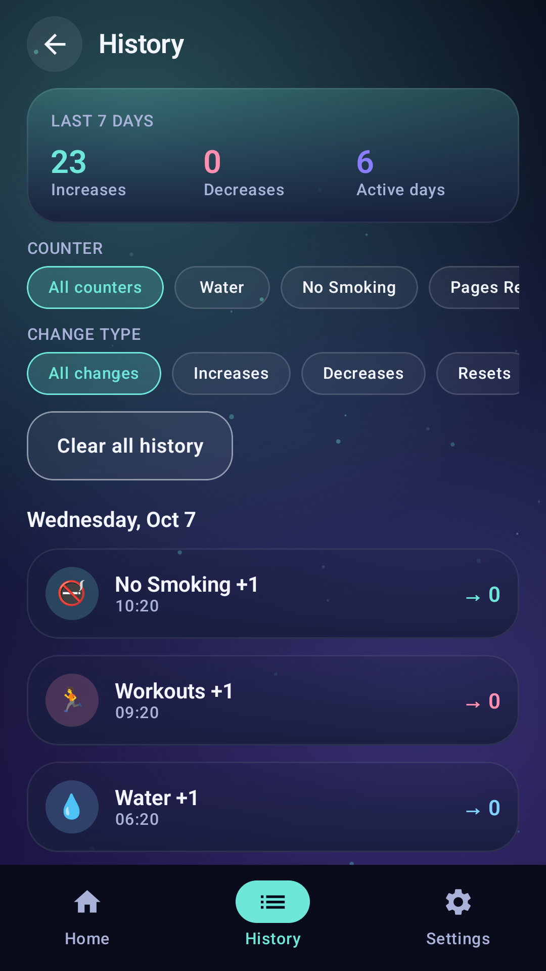 Pure Counter history screen with filters and activity rows