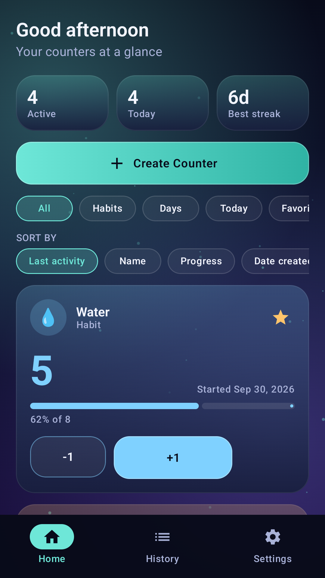 Pure Counter home screen with counters and plus/minus controls
