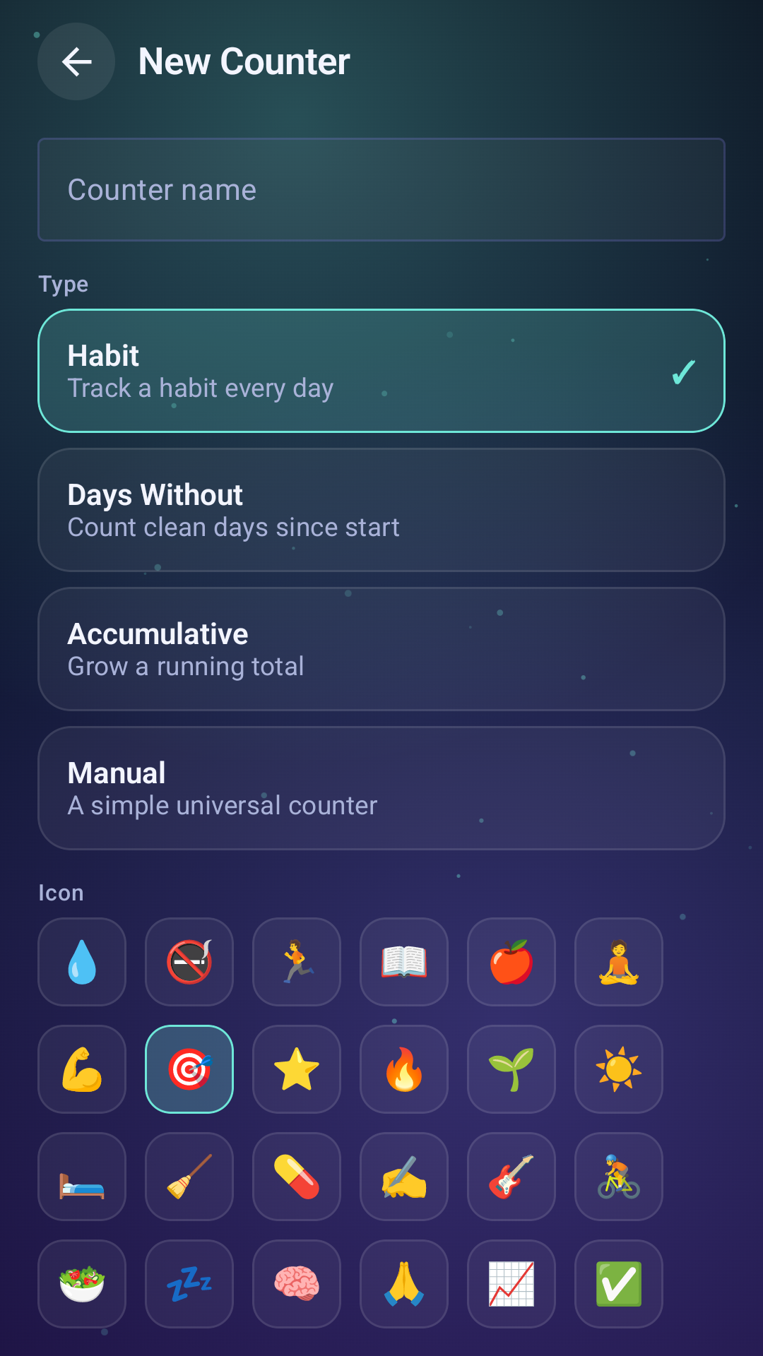 Pure Counter new counter screen with counter type and icon choices